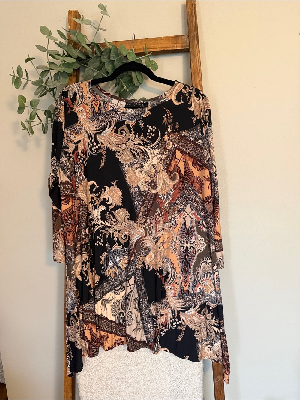 Attitudes by Renee Black Paisley Long Sleeve Tunic with Tan and Cream Accents